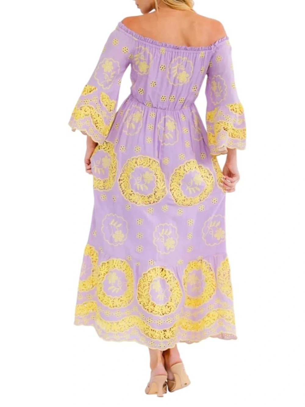 Crochet Eyelet Embroidered Boho Off/Partially On Shoulder Maxi Dress - Picture 2 of 2